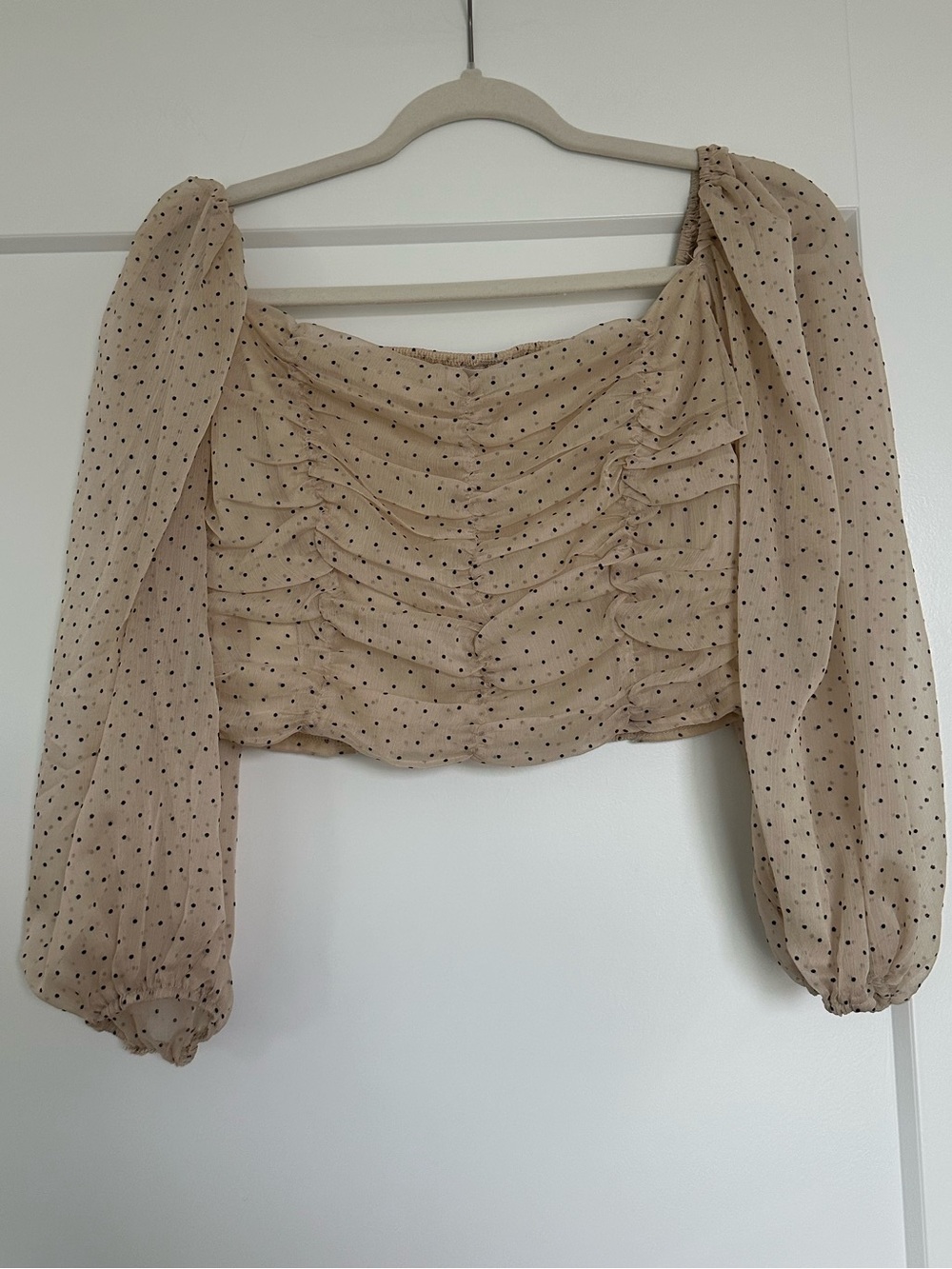 Ruched Polka Dot Sheer Crop Blouse in Beige